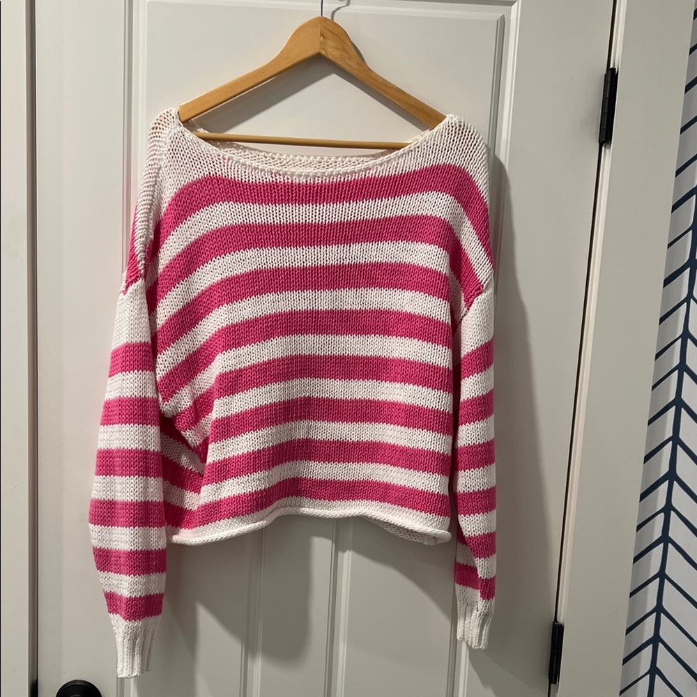 Aerie Pink and White Striped Crew Neck Sweater